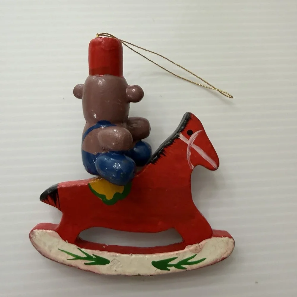 Vintage Wooden Bear Riding Rocking Horse Christmas Ornament Folk Art